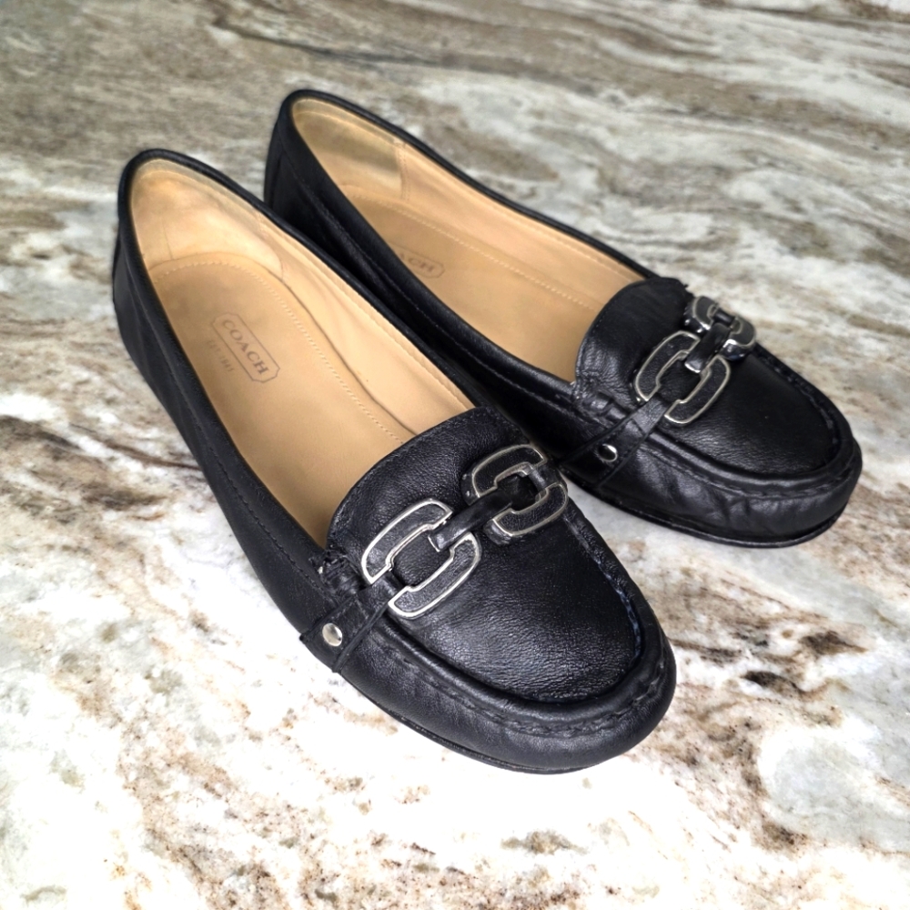 Coach Ella Black Leather Flats with Moccasin Stitching Women's Size 7B